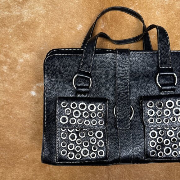 Furla Black Leather Grommet Satchel Bag Made in Italy, Pebbled Leather Tote with - Picture 3 of 11